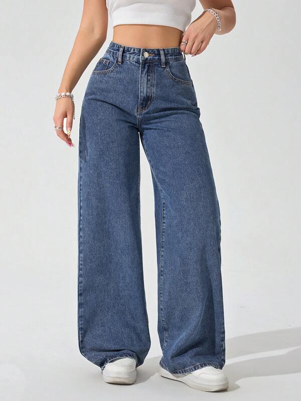 SHEIN ICON Jeans rectos de talle alto de estilo vintage de color azul medio lavado para mujer de talla grande