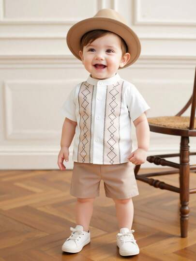 Souflis Souflis 男童复古印花衬衫和短裤套装（夏季）