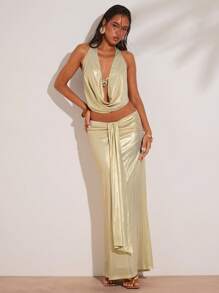 SHEIN BAE Top halter con cuello de concha, decoración de metal, sexy, apropiado para vacaciones, primavera y verano, elegante, sexy, vacaciones en la playa, vacaciones en la isla, luna de miel - Dorado - Ver 4