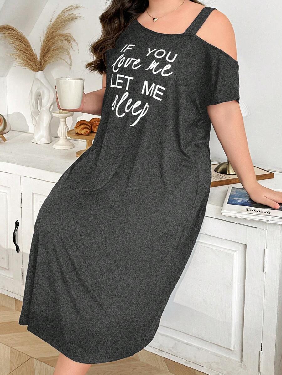Shoulder Exposed Solid Color English Slogan Milk Silk Knit Nightgown, Soft And Skin-Friendly, Dark Gray
