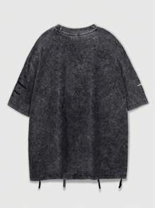 Manfinity EMRG Men's Asymmetric Cut Hole Tassel Washed Snowflake T-Shirt, Spring And Summer Men's Clothing, Boyfriend Gift Oversized T Shirts For Men, 2000s Style - Black - View 2