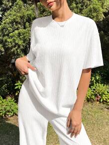 SHEIN EZwear Summer Knitted Textured Loose T-Shirt And Pants Casual Set