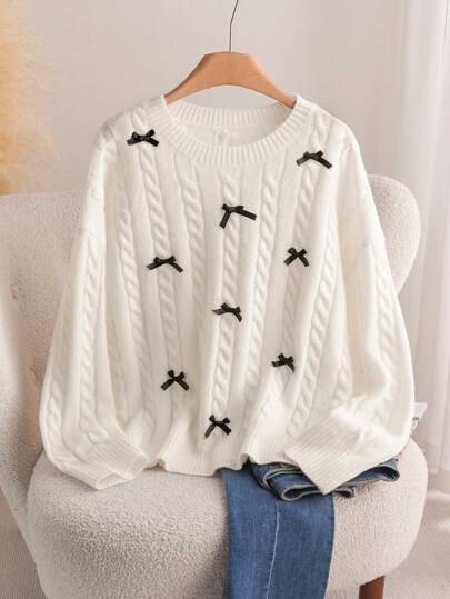 CosyJoli Suéter holgado y cómodo de punto romántico francés de estilo simple con lazo, talla grande, en color negro y blanco, para otoño/invierno
