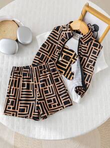 SHEIN 3pcs/Set Baby Boy Summer Cute Cartoon Bear Print Short Sleeve T-Shirt, Shorts, Vest 3-Piece Outfits