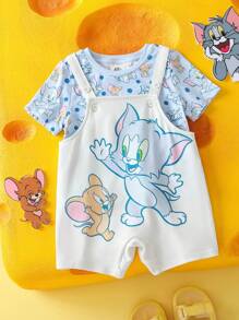 TOM & JERRY X SHEIN Baby Boy Cartoon Pattern Blue Cute & Funny Short Sleeve T-Shirt And Cute Bib Overalls Set