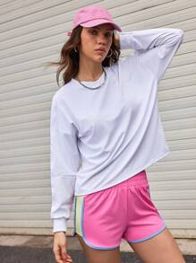 Streetz SHEIN Sport Sweatshirt Wanita Warna Polos Leher Bulat Lengan Panjang Potongan Longgar - Putih - View 4