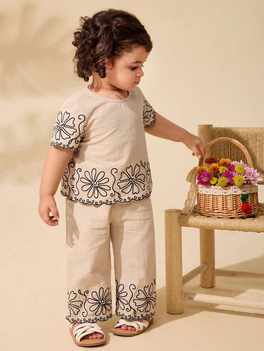 Travachic KIDS 2pcs Baby Girl Set: Woven Solid Color Embroidered Round Neck T-Shirt + Loose Casual Pants