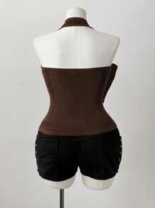 Sweetra 大码女式露背高弹力优雅度假、约会、派对衬衫 - 咖啡棕 - 查看 2