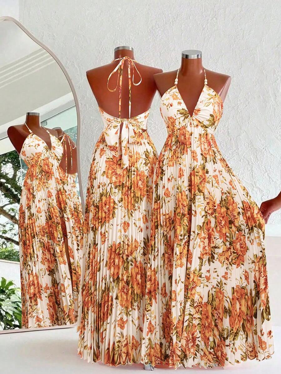 Flirla Rochie Maxi de Plajă de Sărbători Elegantă, Fără Mâneci, Mărgele de Lemn, Plisă, Imprimare Floral, Femei Dimensiuni Plus - Multicolor - Vizualizare 1