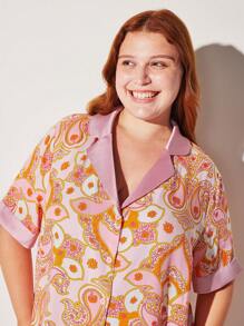 LUVLETTE Plus Soft Rayon With Satin Pink Romantic Paisley Vacation Patterned Short-Sleeve Basic Button-Up Top & Pants Loungewear Airy Pajama Set Pants With Pockets Bridal Intimates - Pink - View 5