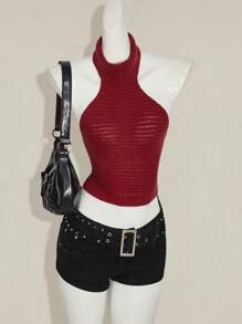 SHEIN ICON 女式纯色简约针织吊带背心 - 紅色 - 查看 4