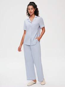 LUVLETTE 柔软100%纯棉撞色滚边短袖基本款纽扣上衣和裤子家居服透气睡衣套装裤子带口袋 - 藍色 - 查看 9