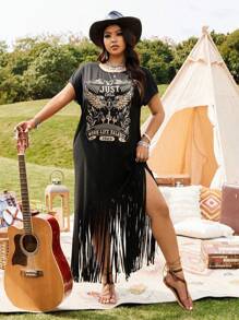 SHEIN LUNE 大码女式西式节日休闲度假音乐节花卉印花流苏下摆长袖连衣裙，春夏 - 黑色 - 查看 5