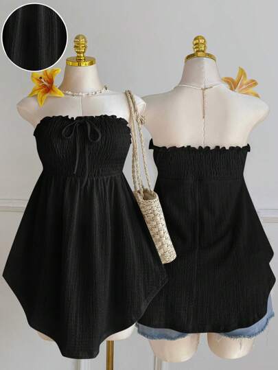 Comfortcana 大码黑色不对称下摆蕾丝花边无袖系带荷叶边衬衫，春夏