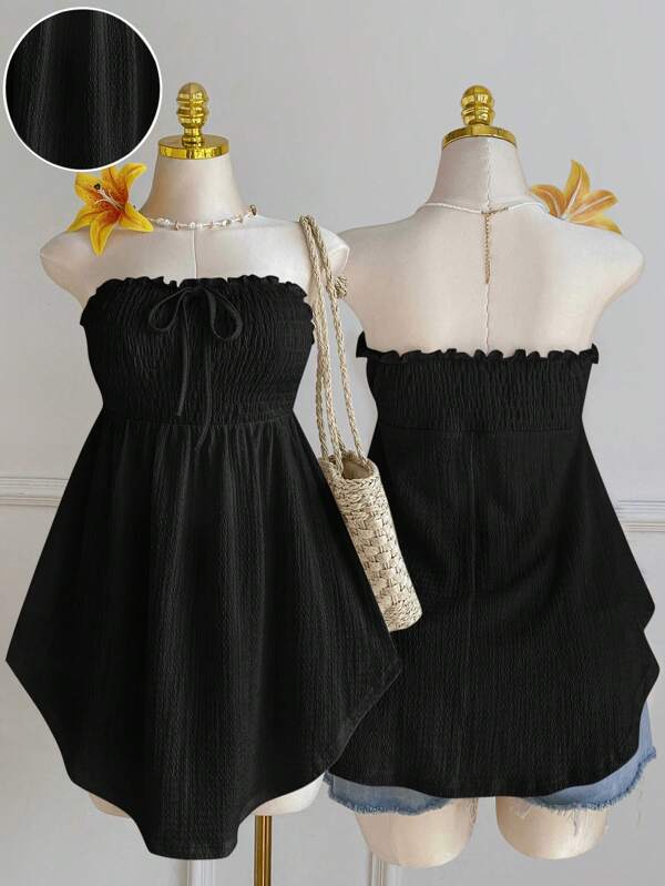 Comfortcana Plus Size Black Asymmetric Hem Lace Trim Sleeveless Tie Front Ruffle Blouse, Spring/Summer