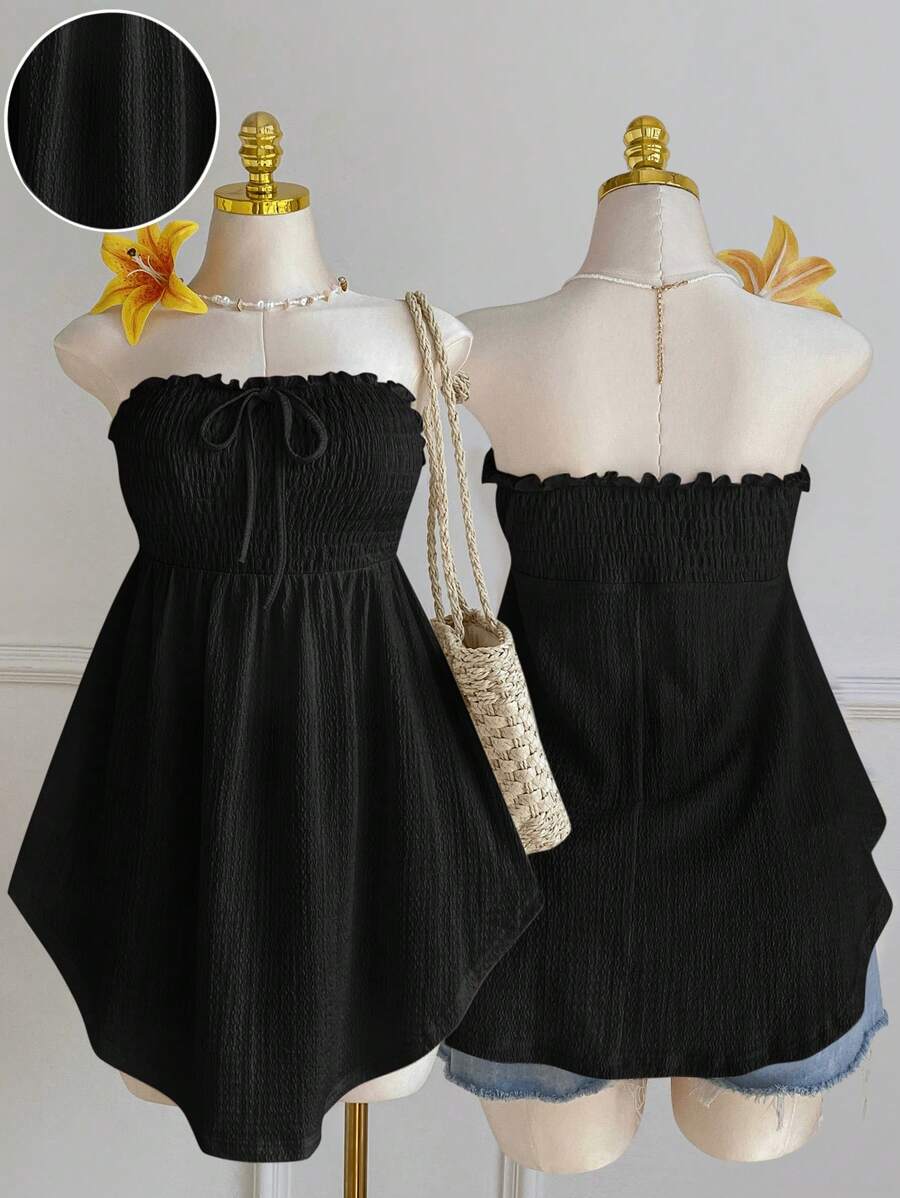Comfortcana Top sin mangas con volantes, lazo delantero, ribete de encaje y bajo asimétrico, negro, talla grande, primavera/verano - Negro - Ver 1
