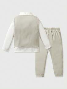 Conjunto de 3 piezas: Chaleco de estilo caballero gris claro + Camisa de cuello blanco + Pantalones para bebé/niño pequeño, adecuado para exteriores, vacaciones, calle, fiestas, sesiones de fotos y otras ocasiones - Gris - Ver 2