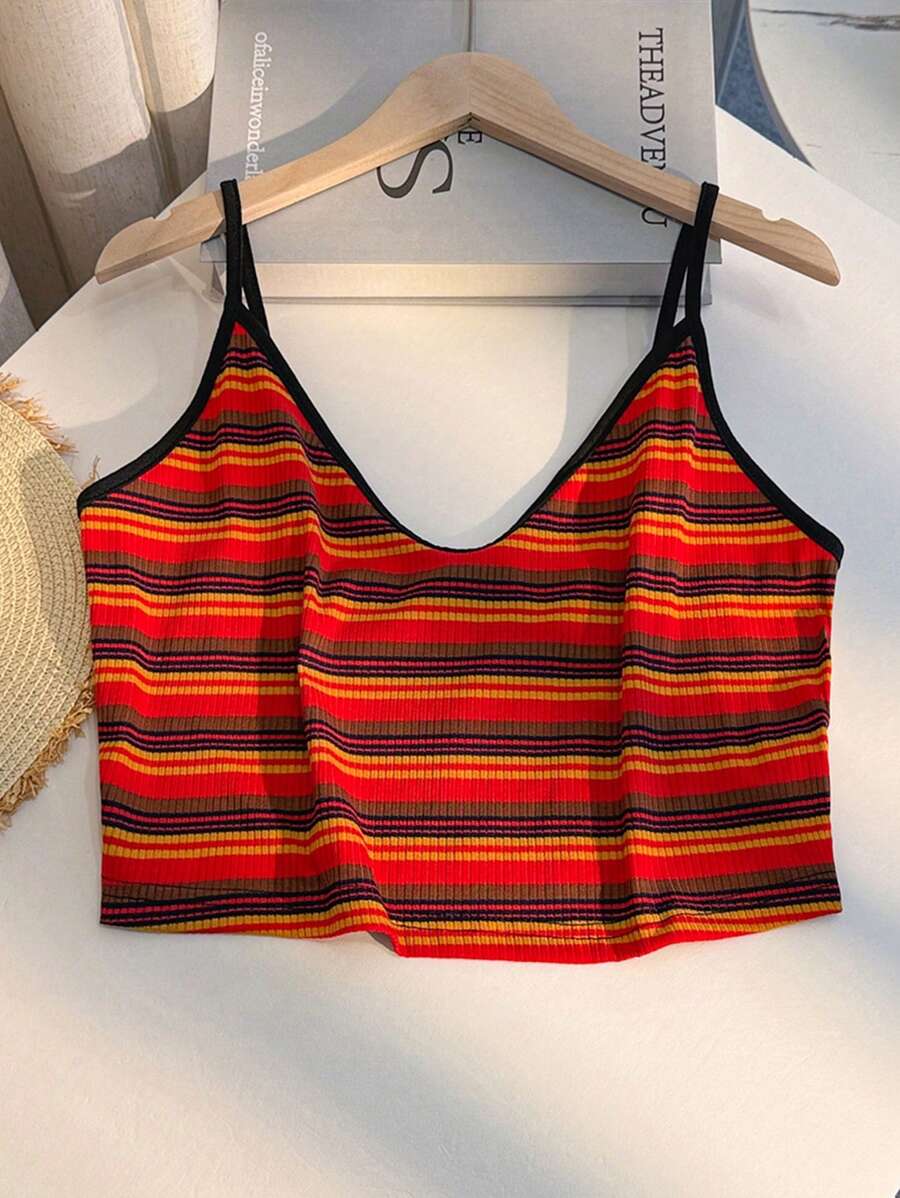 CovetEZ Plus Size Spaghetti Strap & Tank Top, Striped, Fashionable For Summer - Red - View 1