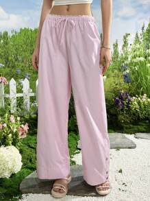 SHEIN EZwear بنطال ساق واسعة بخصر رباط وتفاصيل أزرار - وردي - مشاهدة 1