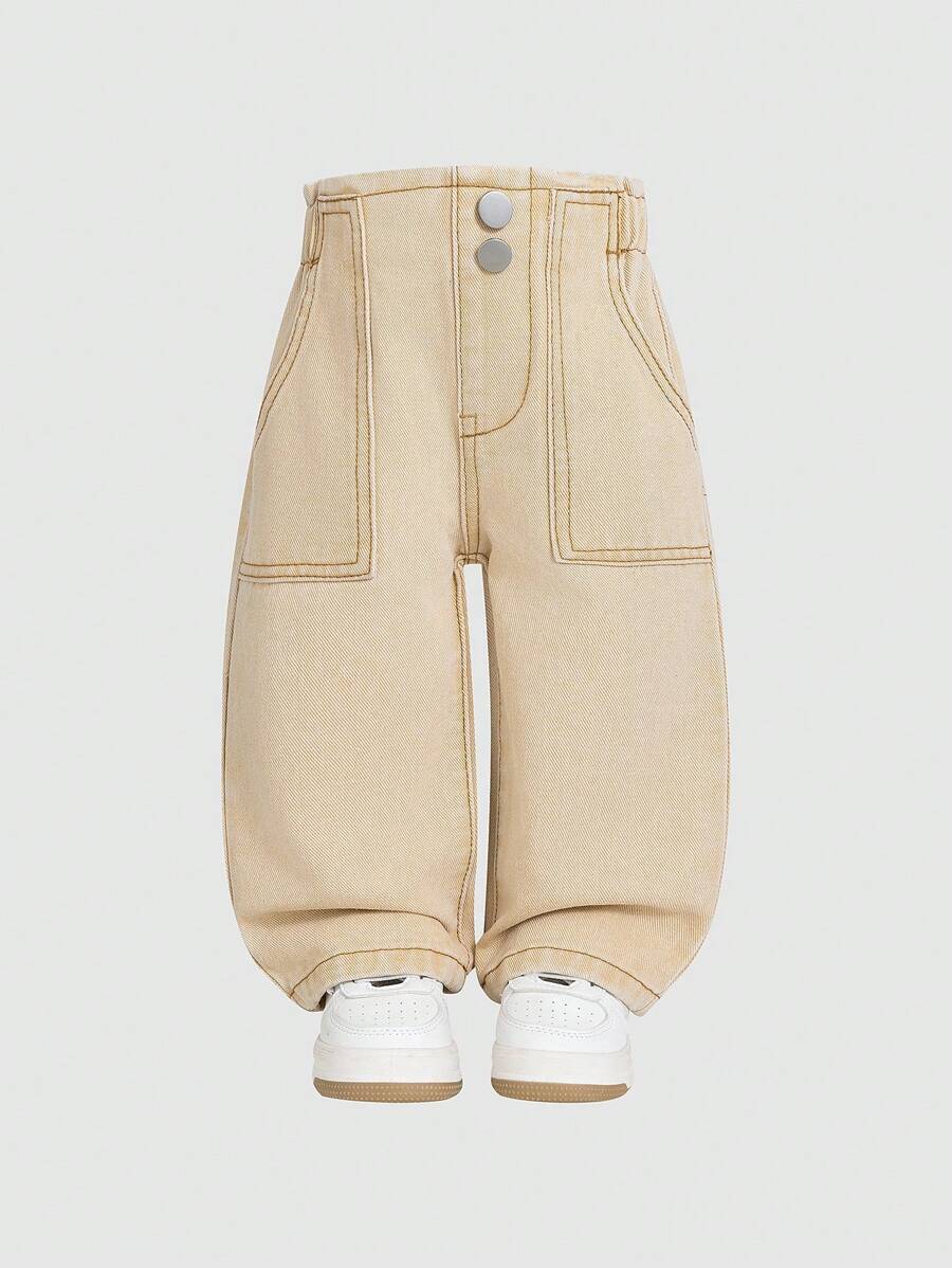 Baby Girl Distressed Medium Wash High Rise Elastic Waist Relaxed Wide Leg Denim Jeans - Khaki - View 1