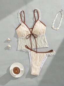 Swim Mod Women's Fresh Floral Lace Ruffle Adjustable Strap Bikini Set, Suitable For Summer - Beige - View 3