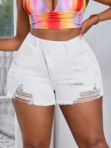 Slaydiva Plus Size Summer Casual Solid Color Ripped Slant Pocket Denim Shorts - White - View 1
