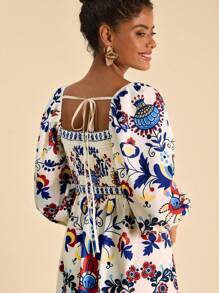 Travachic 女士夏季度假花卉印花方领泡泡袖连衣裙、夏季、女士夏季服装、沙滩装、复活节、女士沙滩装、女士度假服装、女士音乐会服装、波西米亚风、音乐节、热带度假女装、浪漫、女士夏季连衣裙 - 彩色 - 查看 5