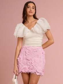 Enchnt 春夏浪漫女士淡粉色精致 3D 花卉镂空刺绣蕾丝可爱迷你裙，甜美优雅时尚，适合度假、约会、节日、派对、毕业典礼、婚礼嘉宾、音乐会节 - 白色 - 查看 2