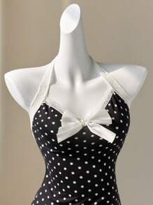 Elamini 波尔卡圆点蕾丝边蝴蝶结露背系带腰部荷叶边下摆迷你连衣裙拼布褶皱分层复古甜美度假海滩优雅休闲约会太阳裙女式夏季