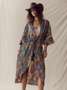 SHEIN LUNE 佩斯利印花蝙蝠袖和服 夏季