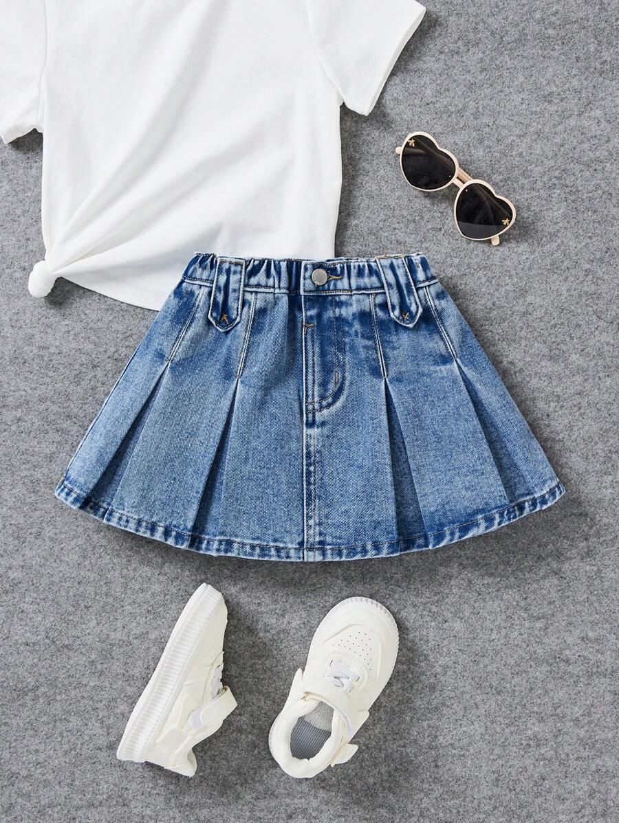 SHEIN Young Girl Fold Pleated Denim Skirt,Spring Summer Boho Cuet Skirt