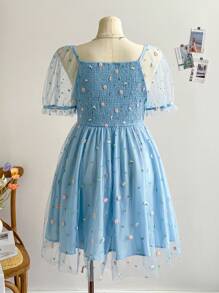 Soleia 大码度假浪漫扎染方领泡泡袖刺绣连衣裙 - 彩色 - 查看 2