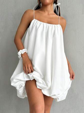 SHEIN EZwear 女士夏季純色細肩帶荷葉邊A字裙