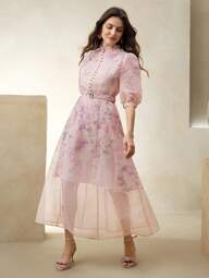 Anewsta Floral Print V-Neck Belted Maxi Dress, Elegant Court Banquet, Wedding Guest, Festival, Holiday, Vacation, Party, Casual Dress For Women, Summer