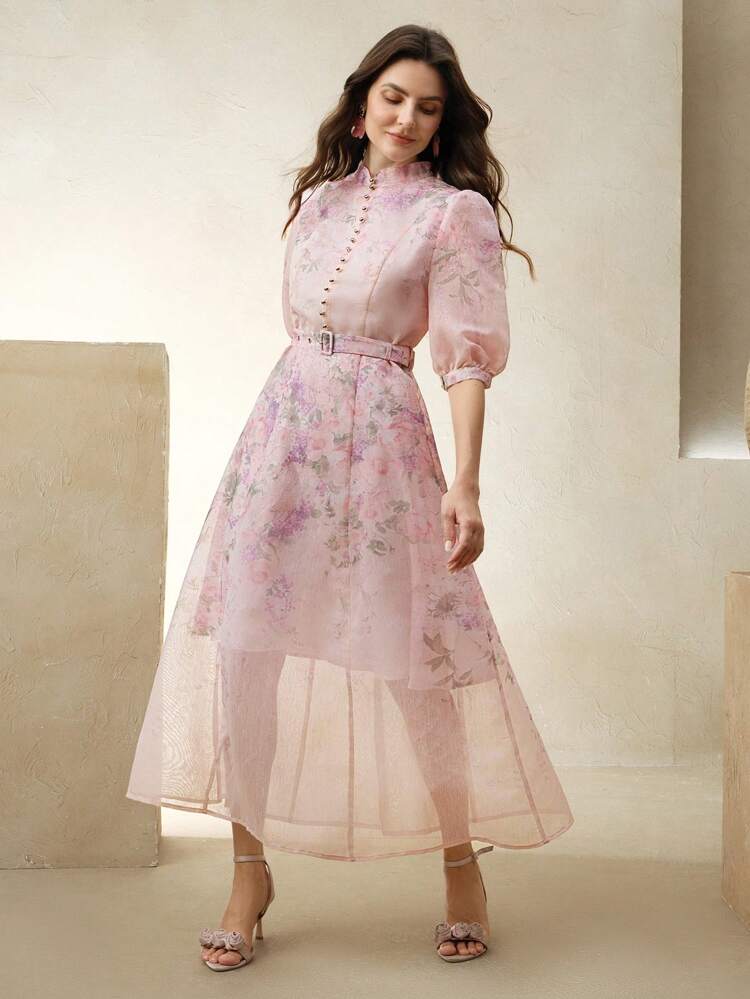 Floral Print V-Neck Belted Maxi Dress, Elegant Court Banquet, Wedding Guest, Festival, Holiday, Vacation, Party, Casual Dress For Women, Summer