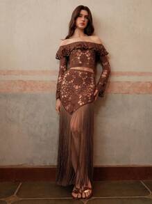 Anewsta Women's Elegant Resort Beach-Wear 3D Floral Decor Crochet Hollow Fringe Trim Off Shoulder Top & Mini Skirt Set, Spring/Summer Festival & Graduation - Brown - View 5