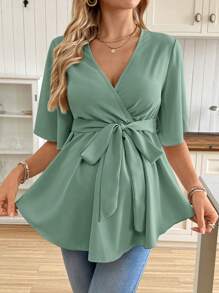 SHEIN Maternity Solid Color V-Neck Short Sleeve Shirt With Belt - Cadet Blue - View 5