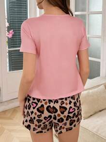 SHEIN Nuevo conjunto informal de primavera/verano de 2 piezas para jóvenes - Pijama de camiseta de manga corta de punto con estampado de leopardo rosa y shorts