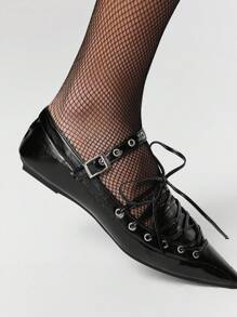 ROMWE Women's Dark Punk Goth Mary Jane Shoes, Closed Toe, Pointed Toe, Sexy Crisscross Strap, Formal Work Flat Shoes, Halloween - Black - View 3