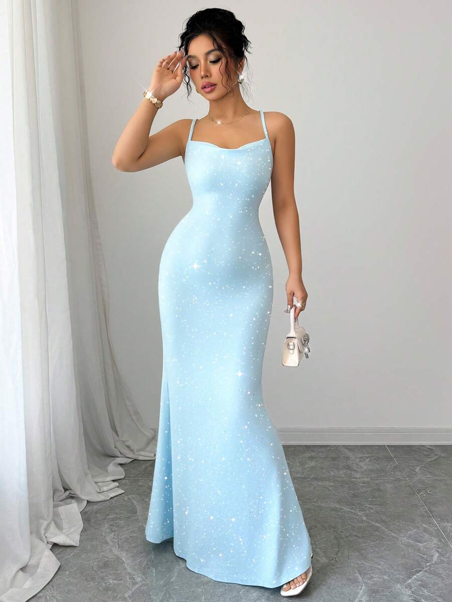 Elenzga 女式闪亮亮片细肩带系带派对礼服