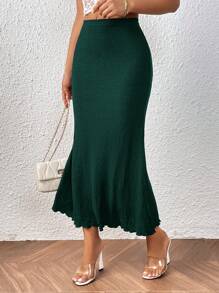 SHEIN PETITE CURVE 大码女式纯色美人鱼下摆长款优雅中长裙 - 墨綠色 - 查看 6