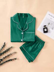 LuxeNights 女士纯色撞色绑带短袖上衣和短裤睡衣套装，夏季家居服 - 綠色 - 查看 3