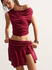 Bohemela Bộ 2 áo crop top dệt kim màu trơn đơn giản và chân váy mini cạp thấp cho nữ - Đỏ - Xem 2