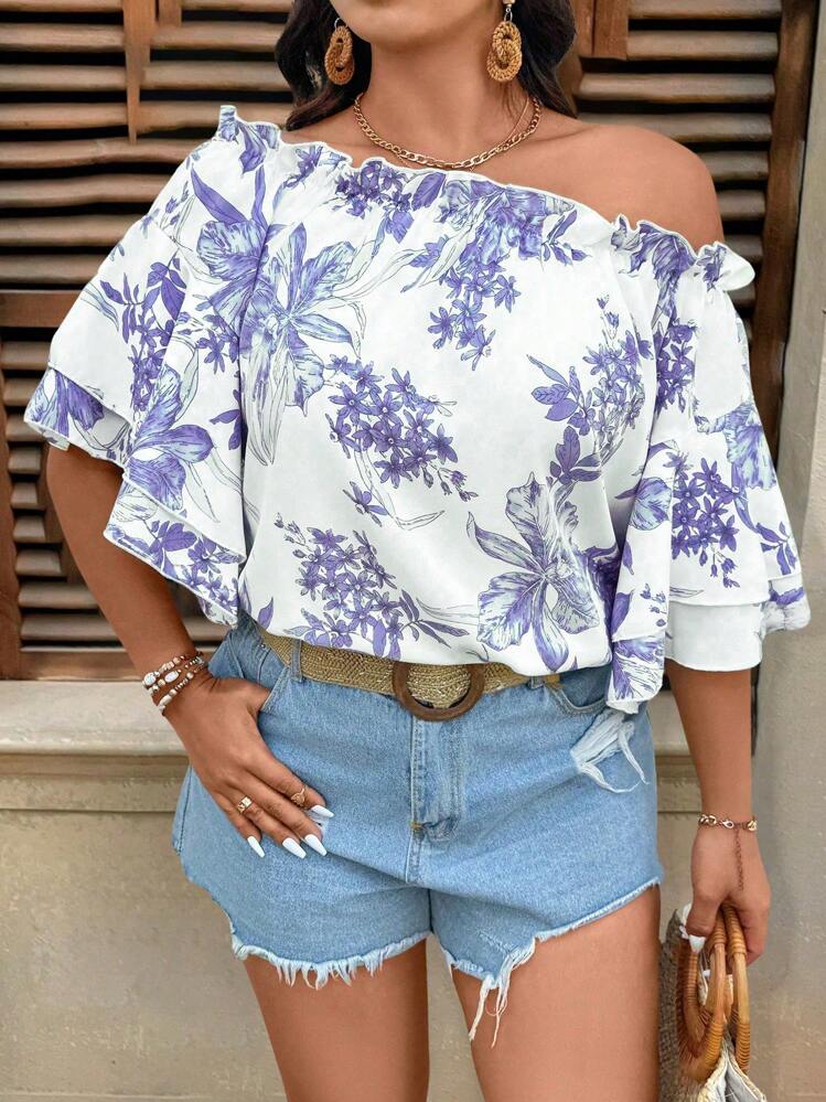 SHEIN LUNE Áo cánh rộng trễ vai in họa tiết hoa đi nghỉ mát cỡ lớn cho nữ - Màu tím - Xem 3