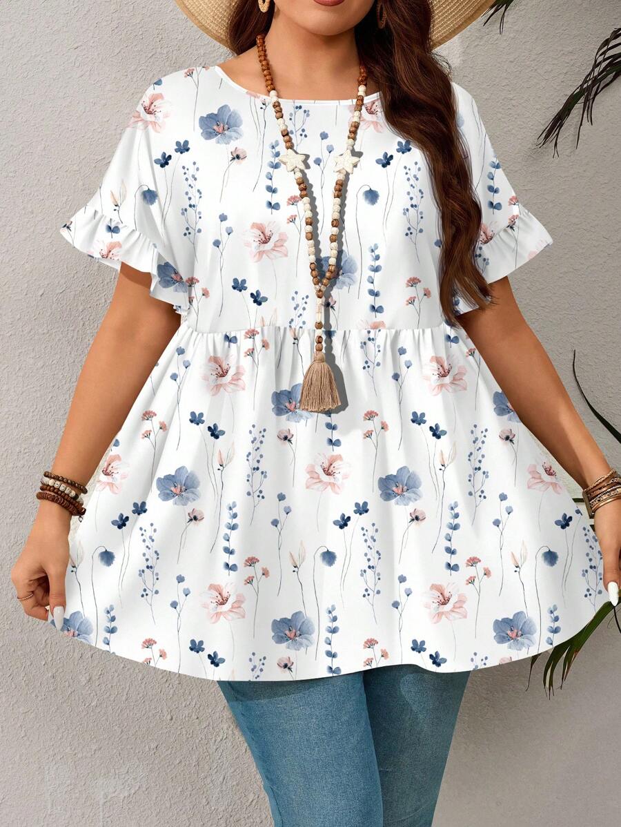 EMERY ROSE Plus Size Casual Resort Style Ruffled Sleeve Allover Print Blouse,Summer,Tropical Vacation Suitable For Going Out Chic Blouses For Women - White - View 1