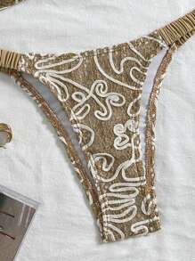 SHEIN Swim Conjunto de 2 piezas de traje de baño para mujer con top de bandeaux sin aros y shorts de natación de punto jacquard, para verano, playa y viajes