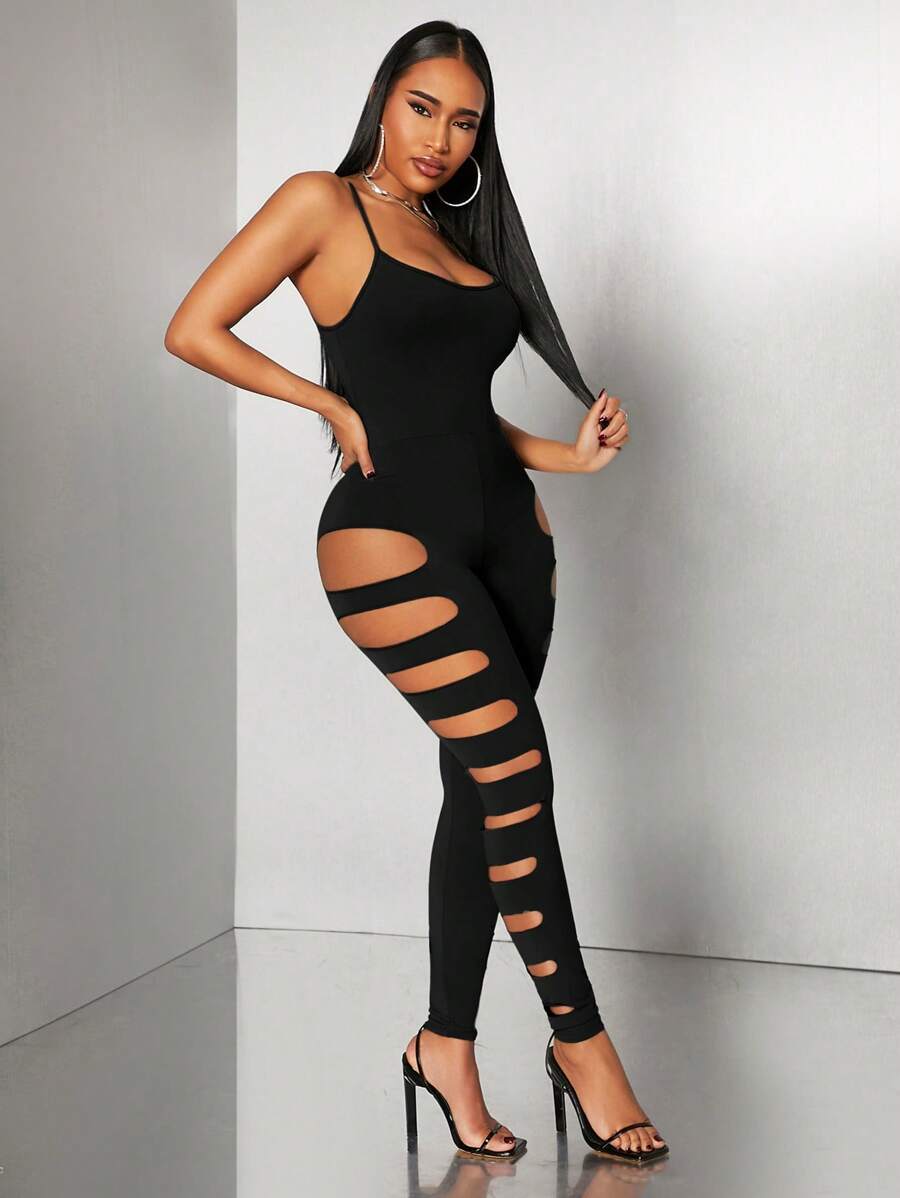 Radiana 春夏街头休闲日常舒适性感夜店摇滚辣妹音乐节绿色针织高弹力镂空露背紧身长款连体衣 - 黑色 - 查看 1