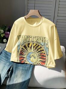 SHEIN EZwear 女式黄色字母和太阳脸印花短袖休闲T恤，夏季度假上衣 - 黃色 - 查看 7