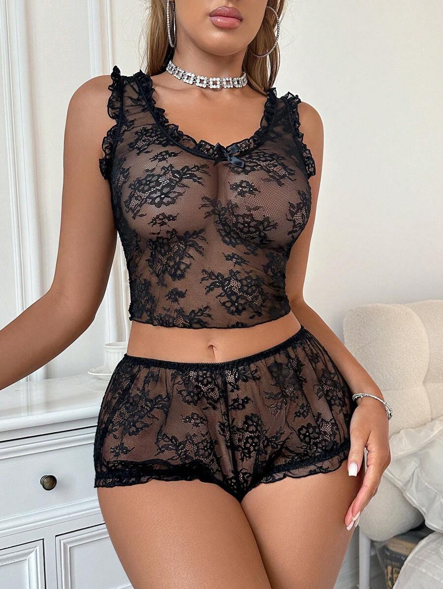 SHEIN 2pcs/Set Sexy Deep V Lace Ruffled Lingerie Set - Black - View 1