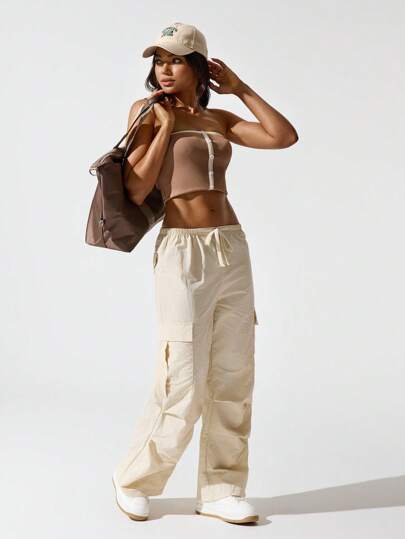 Hanevo Women's Apricot Color Outdoor Sports Hiking Cinched Waist Wide Leg Cargo Pants Fall Cloth For Women